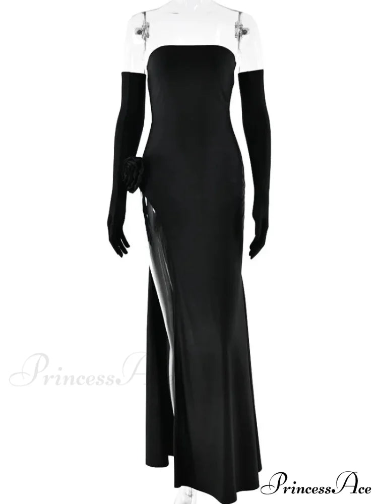 Red Christmas Party Dress - Strapless High Slit Maxi Black / S