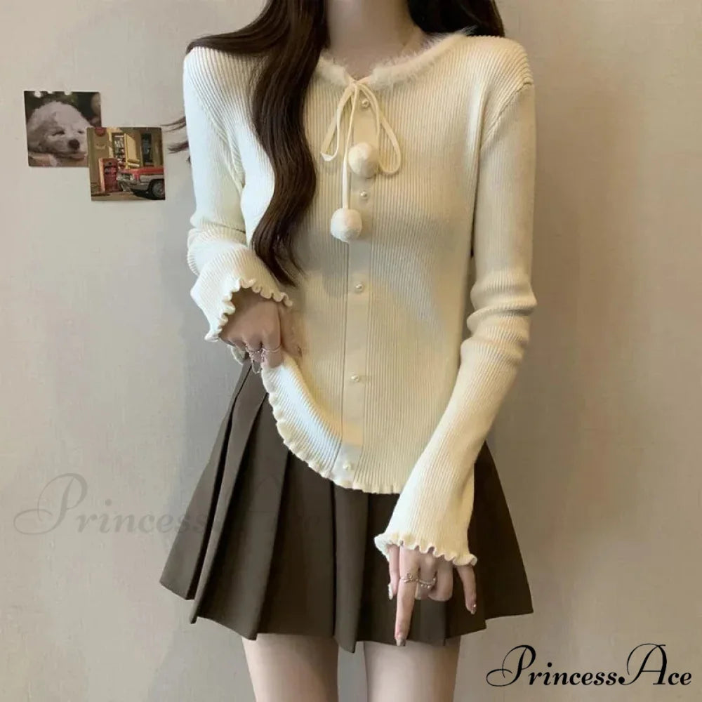 Red Christmas Solid Bow Drawstring Elegant Slim O-Neck Warm Christmas Sweater APRICOT / S