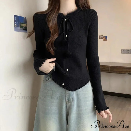 Red Christmas Solid Bow Drawstring Elegant Slim O-Neck Warm Christmas Sweater Black / S