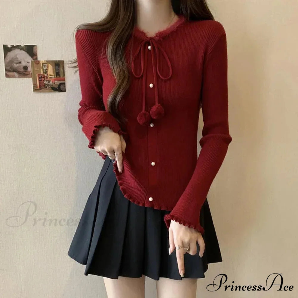 Red Christmas Solid Bow Drawstring Elegant Slim O-Neck Warm Christmas Sweater Red / S