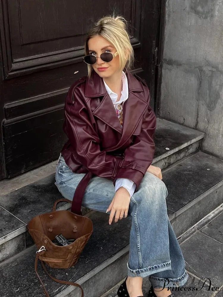 Red Collar Brief Leather Jacket coats-241228