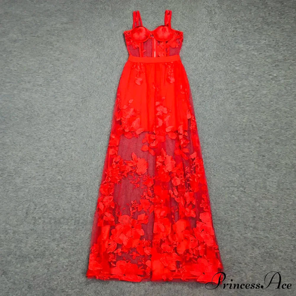 Red Color Celebrity Fashion Sleeveless Sexy Backless Lace Long Dress Christmas Party Dress