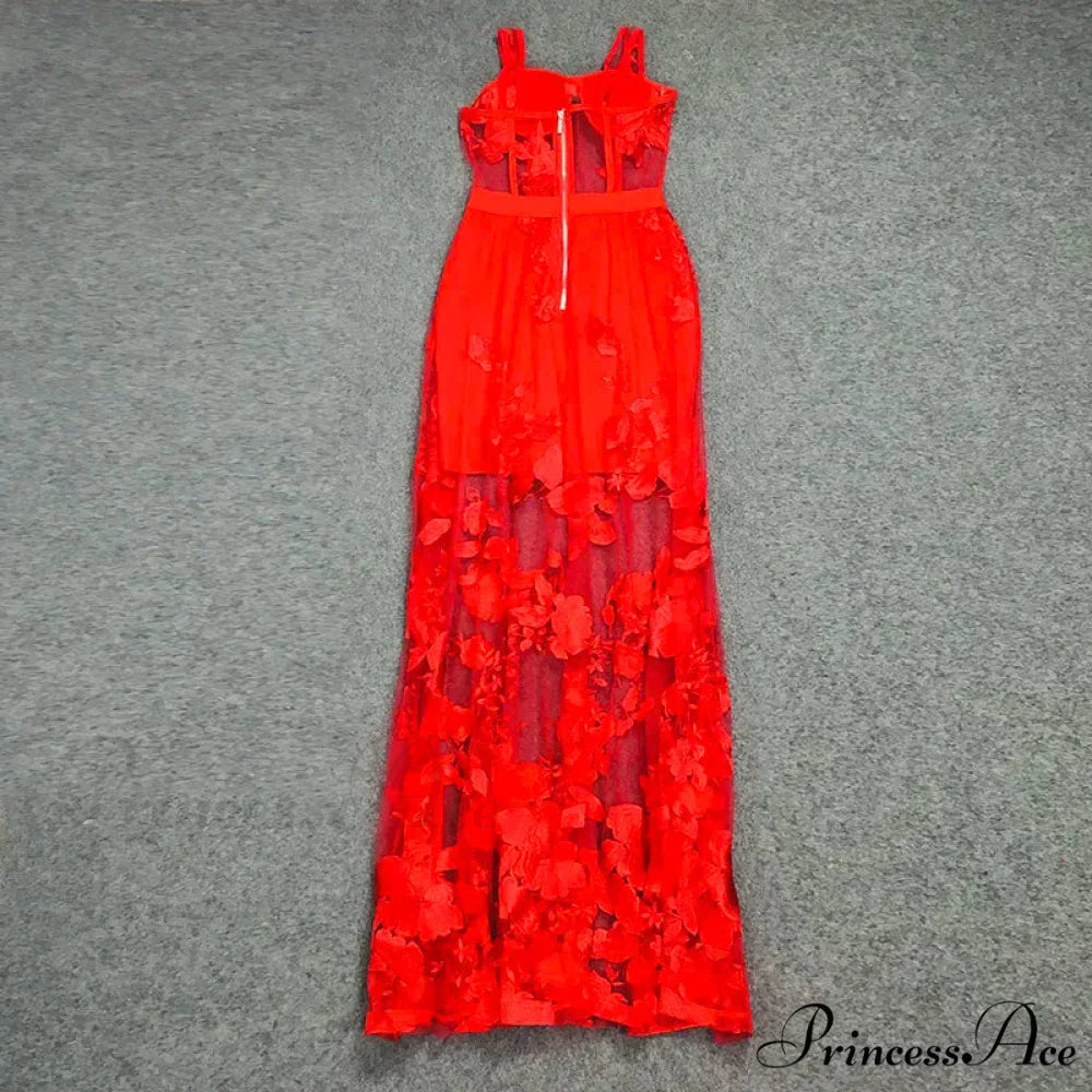 Red Color Celebrity Fashion Sleeveless Sexy Backless Lace Long Dress Christmas Party Dress