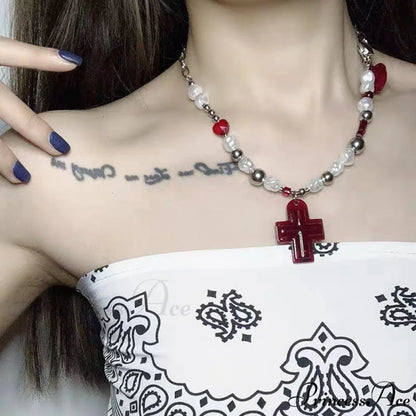 Red Cross Heart Pendant Baroque Pearl Necklace RED