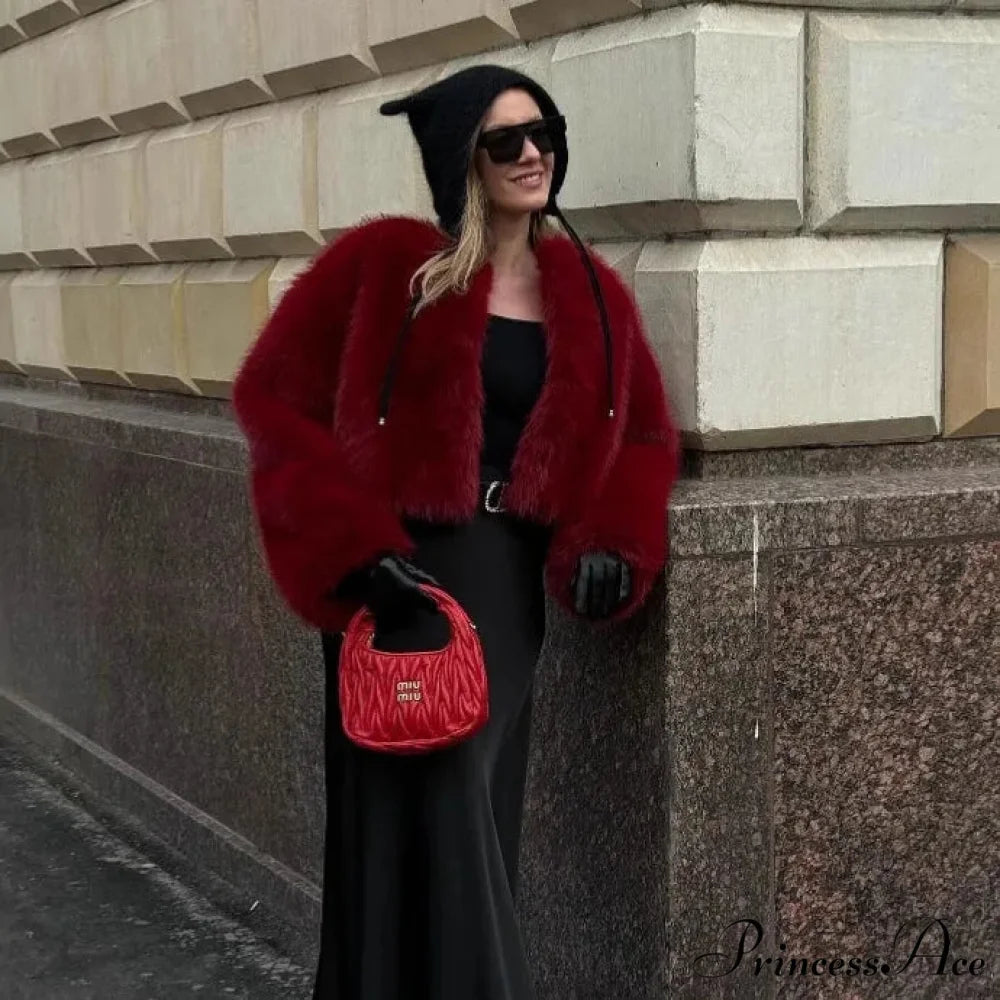Red Faux Fur O-neck Short Coat Angora Red / XS