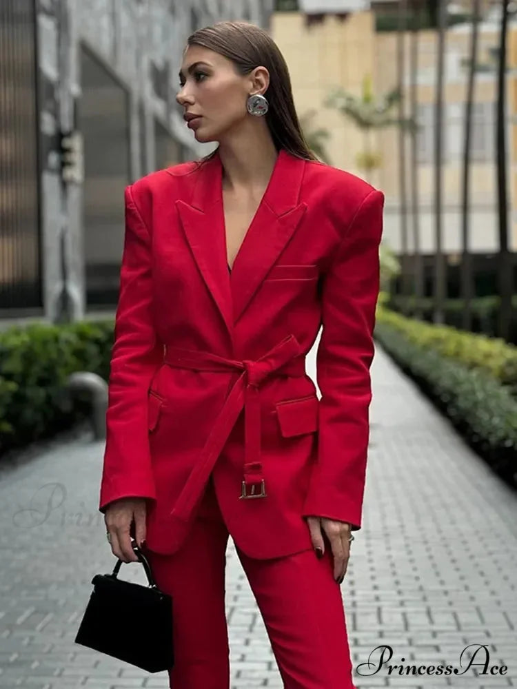 Red Flip Collar Lace-Up Coat Red / S
