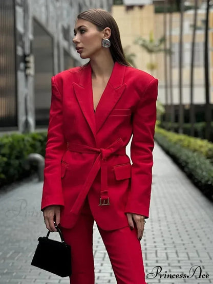 Red Flip Collar Lace-Up Coat Red / S