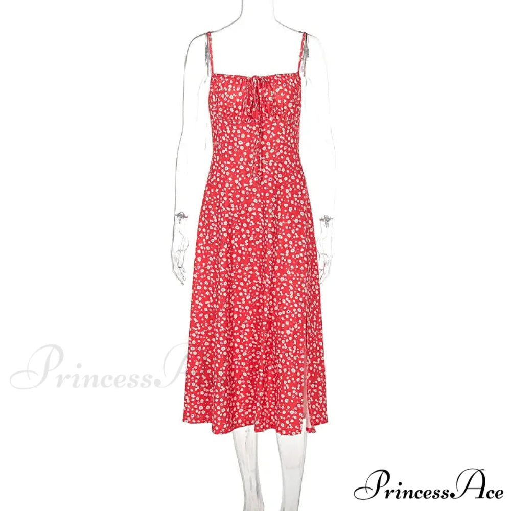 Red Floral Print Charming Strap Split Midi Dress