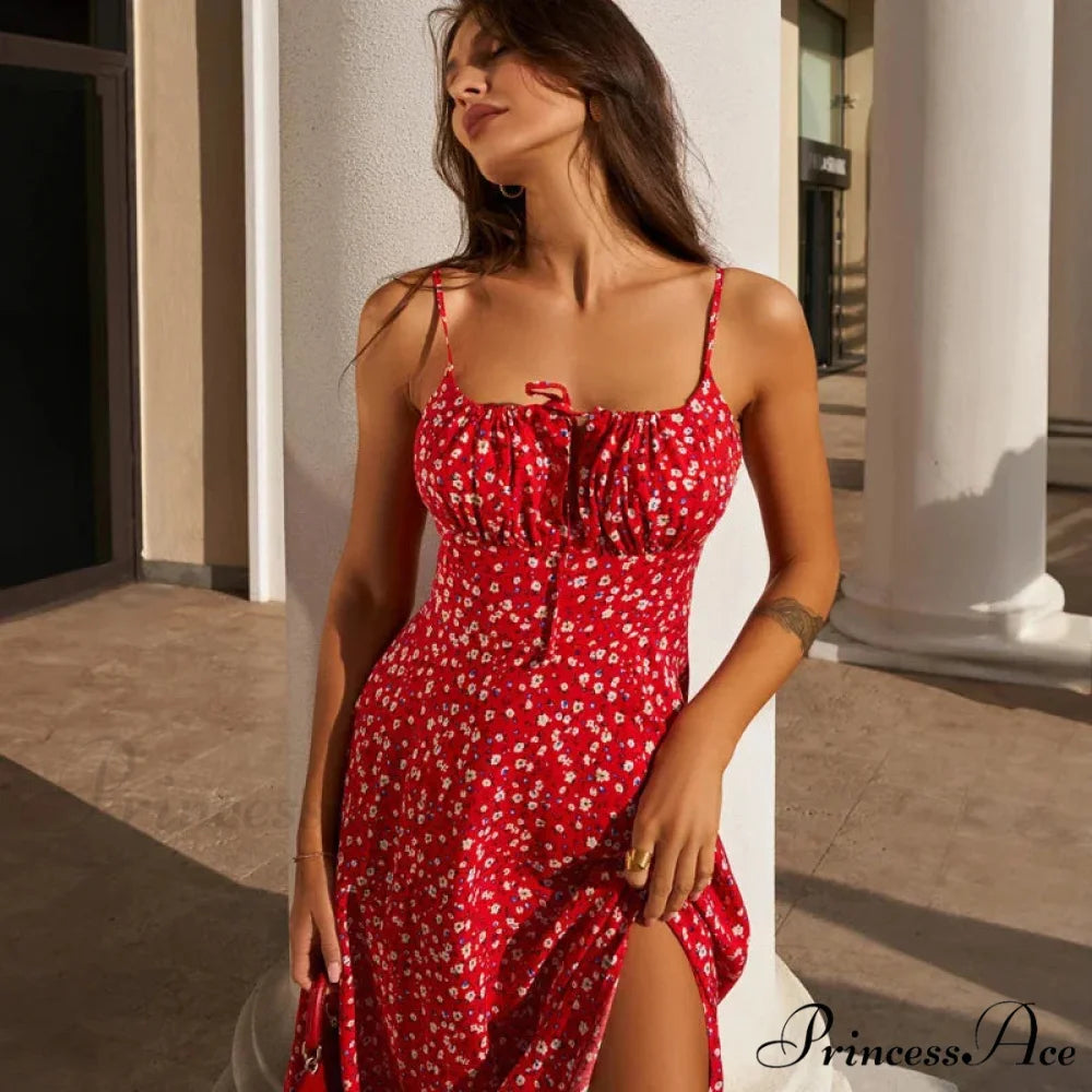 Red Floral Print Charming Strap Split Midi Dress
