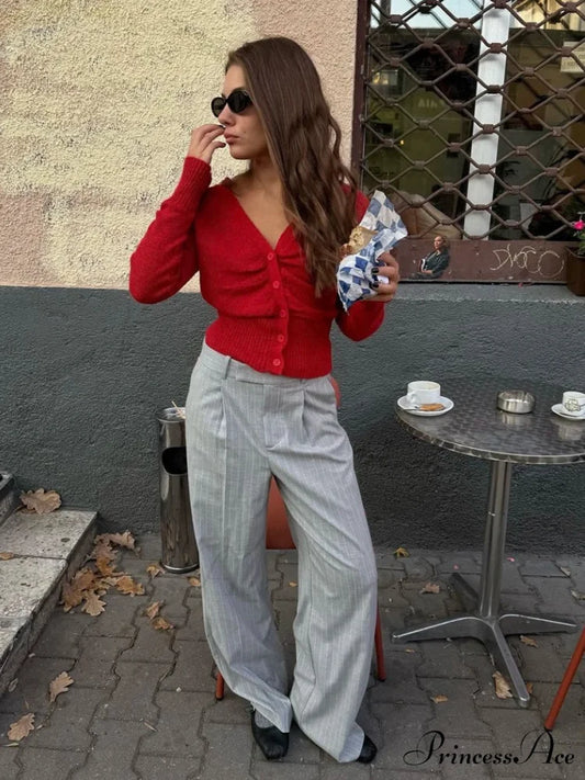 Red Flower V-neck Knitted Cardigan