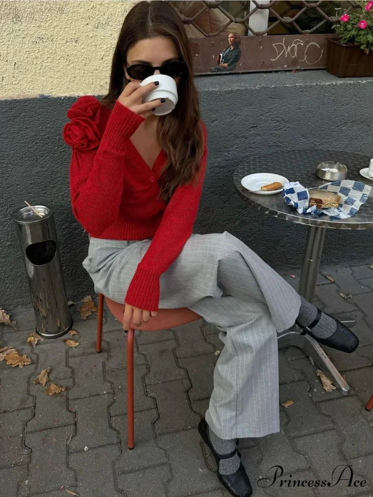 Red Flower V-neck Knitted Cardigan