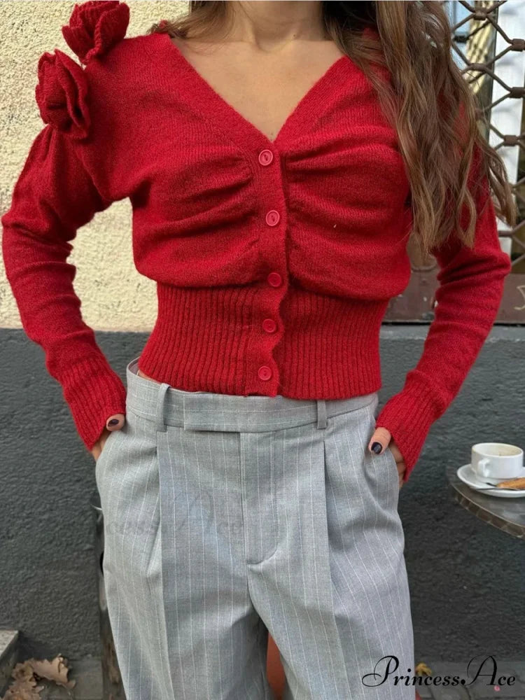 Red Flower V-neck Knitted Cardigan Red / S