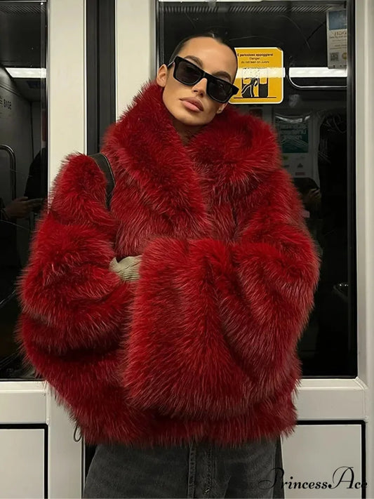 Red Fluffy Hooded Faux Fur Coat Red / S