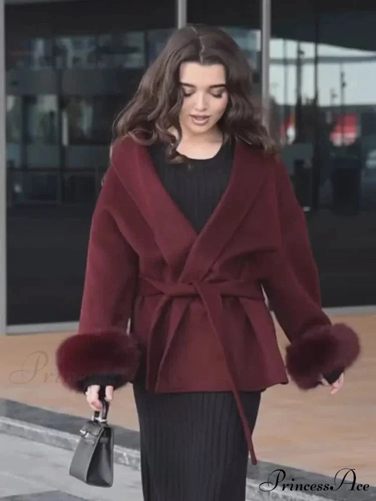 Red Folded Woolen Coat Burgundy / S coats-241228