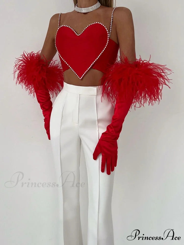 Red Heart Cut Out Graceful Rhinestone Strap Crop Top Red / S