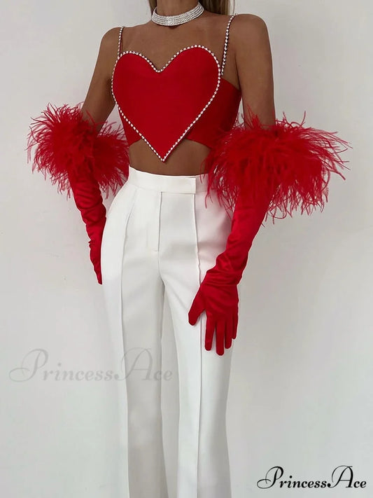 Red Heart Cut Out Graceful Rhinestone Strap Crop Top Red / S