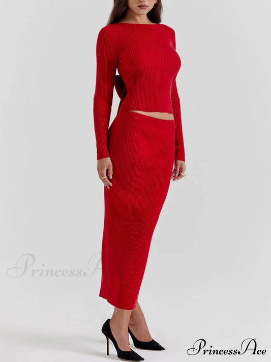 Red Knit-Blend Stylish Maxi Skirt Red / S