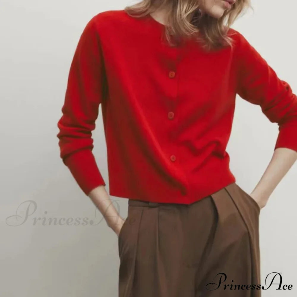 Red Knit Button Long Sleeve Cardigan Red / S