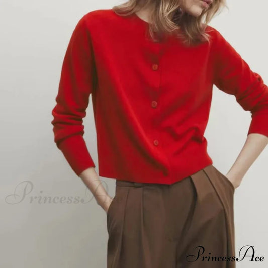 Red Knit Button Long Sleeve Cardigan Red / S