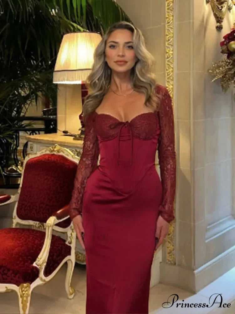 Red Lace Patchwork Split Party Dress Wine red / S