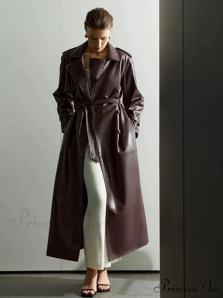 Red Lapel Leather Belted Coat wine red / S