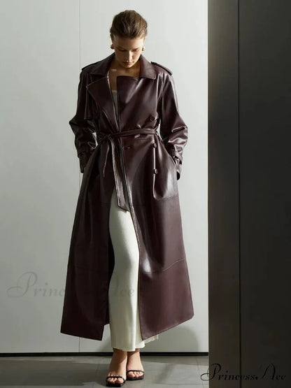 Red Lapel Leather Belted Coat wine red / S