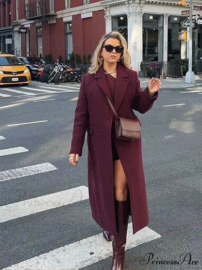Red Lapel Wool Mix Long Coat coats-241228