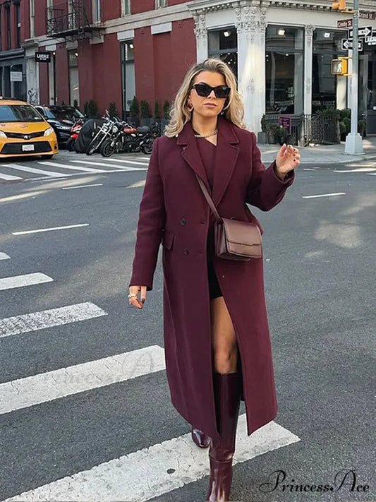 Red Lapel Wool Mix Long Coat coats-241228
