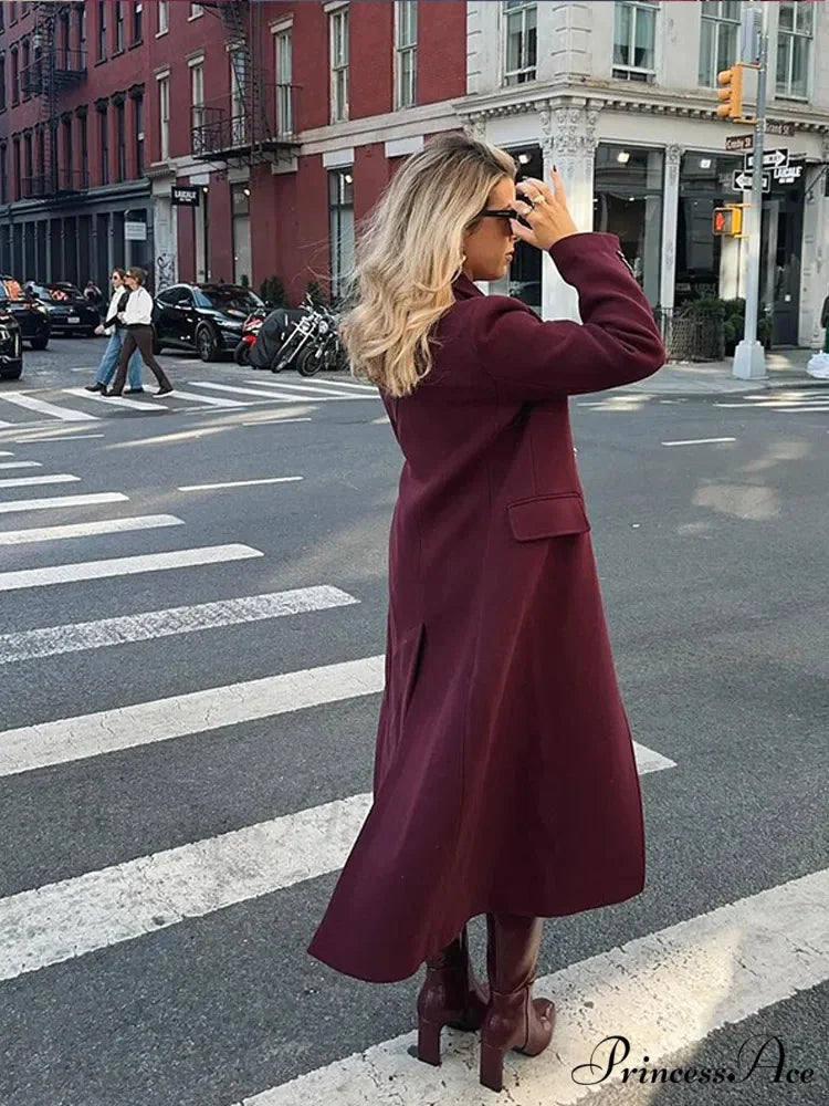 Red Lapel Wool Mix Long Coat coats-241228