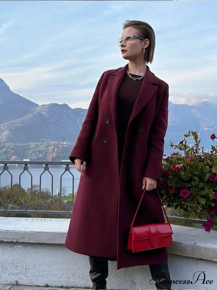 Red Lapel Wool Mix Long Coat coats-241228