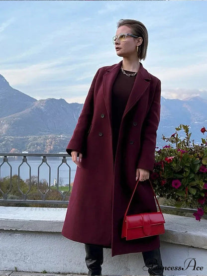 Red Lapel Wool Mix Long Coat coats-241228