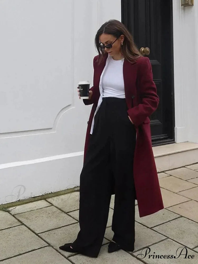 Red Lapel Woolen Double-Breasted Overcoat overcoats-241228