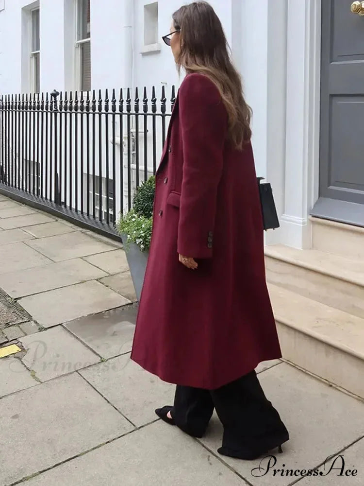 Red Lapel Woolen Double-Breasted Overcoat overcoats-241228