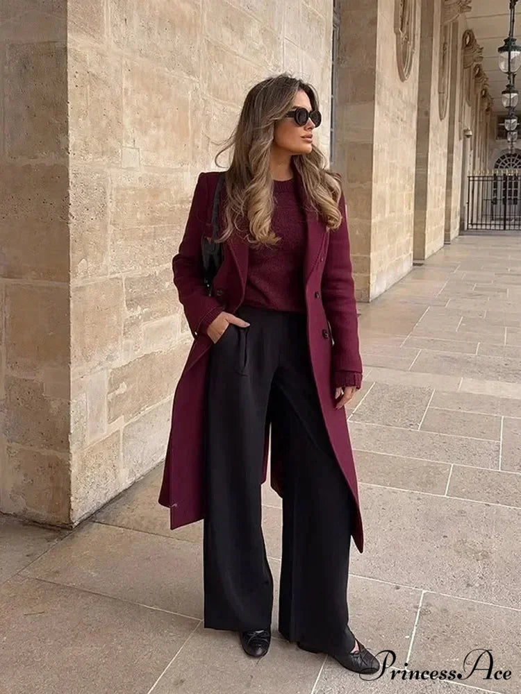 Red Lapel Woolen Double-Breasted Overcoat overcoats-241228