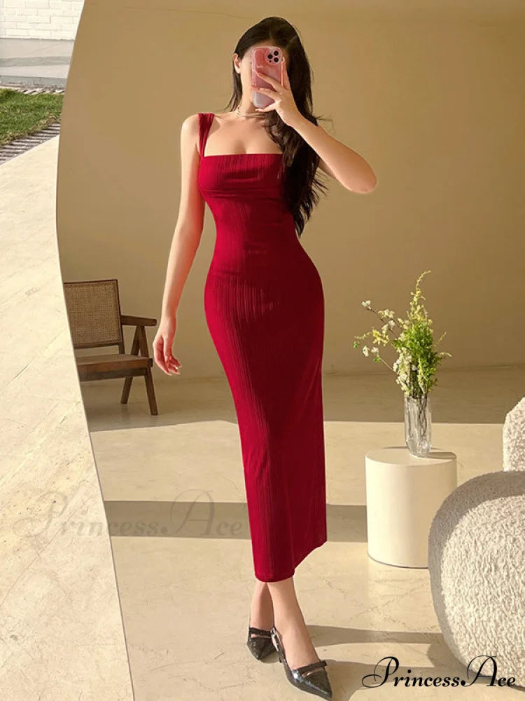 Red Long Bodycon Dress S / Khaki