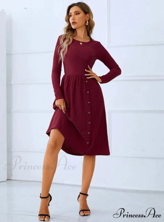 Red Long Sleeve Pleated Button Dress with Round Neck