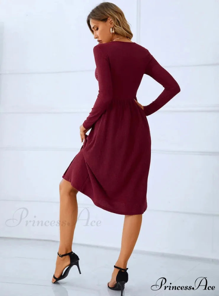 Red Long Sleeve Pleated Button Dress with Round Neck