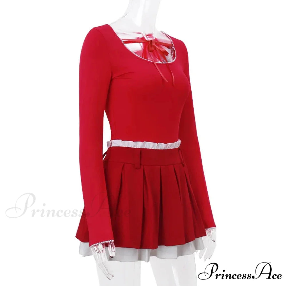 Red Long Sleeve Top Graceful And Pleated Mini Skirt Set