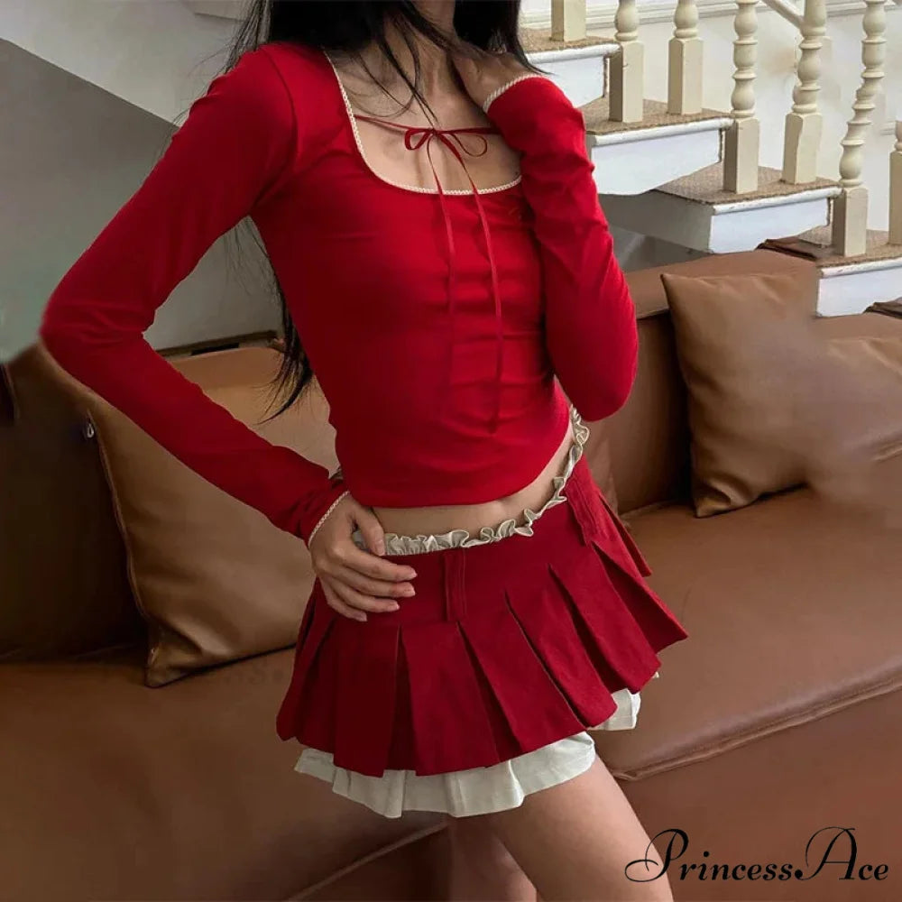 Red Long Sleeve Top Graceful And Pleated Mini Skirt Set Red / S