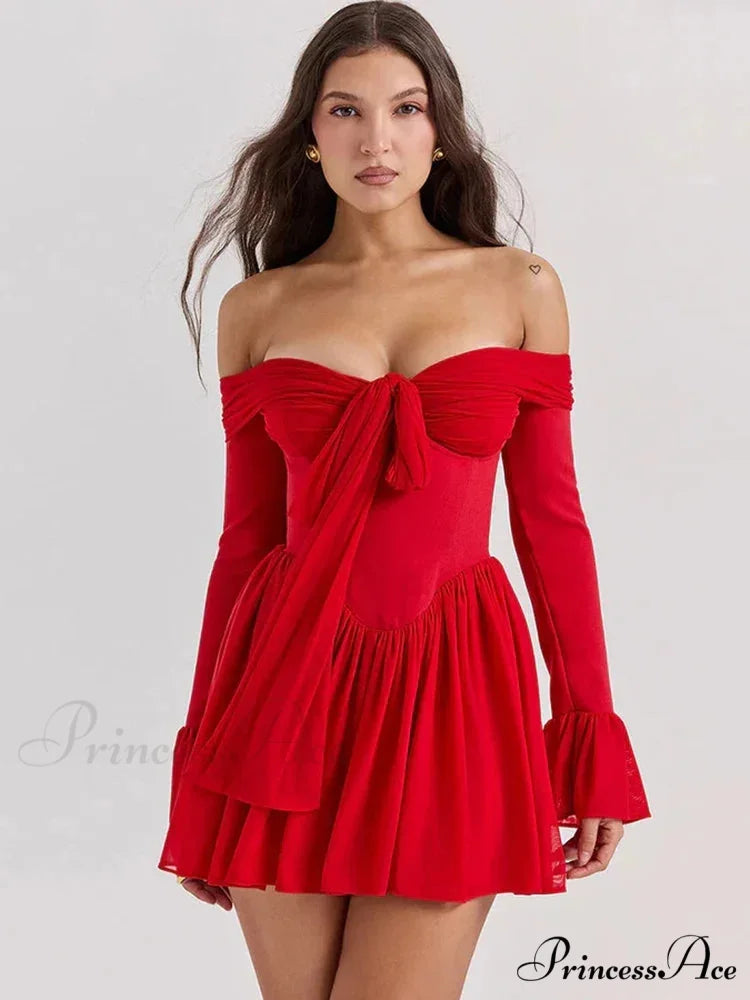 Red Off-Shoulder Stylish Frill Mini Dress Red / L