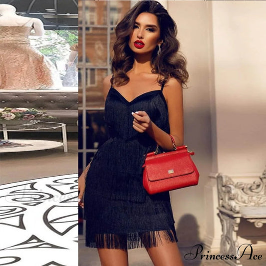 Red Party Evening Luxury Tassel Fringed Bodycon Dress black / XS