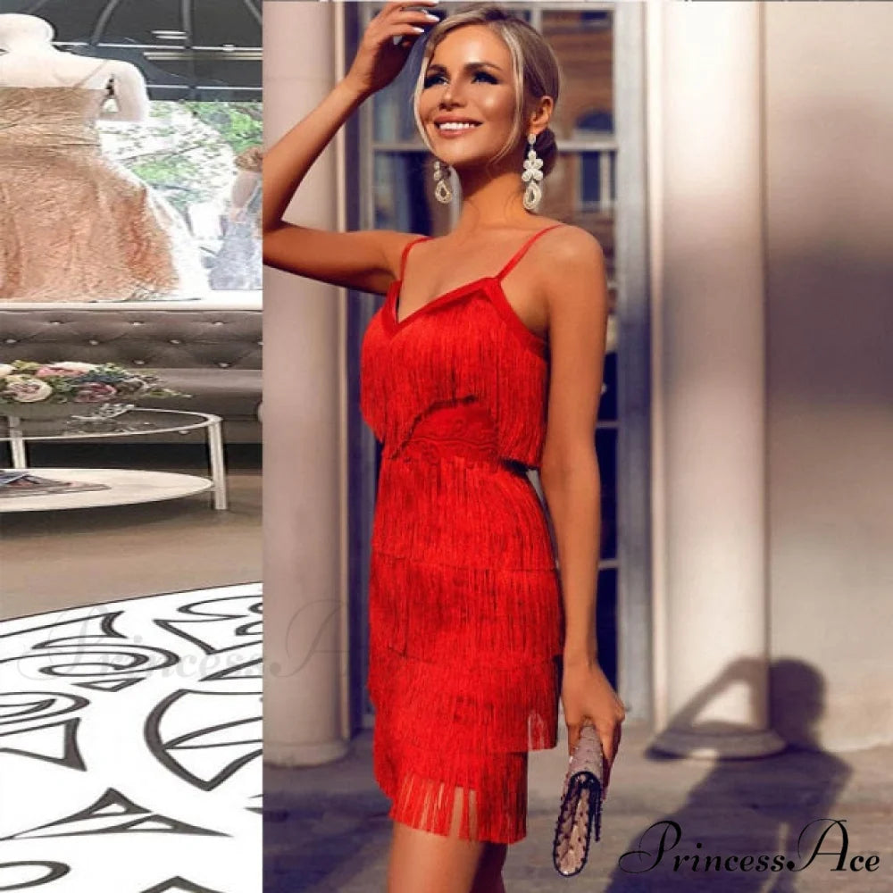 Red Party Evening Luxury Tassel Fringed Bodycon Dress Red / XS