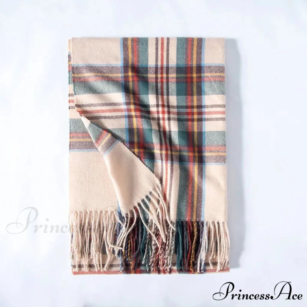 Red Plaid Cashmere Korean Style Fashion Warmer Hijab Pashmina Scarf for Women beige 2