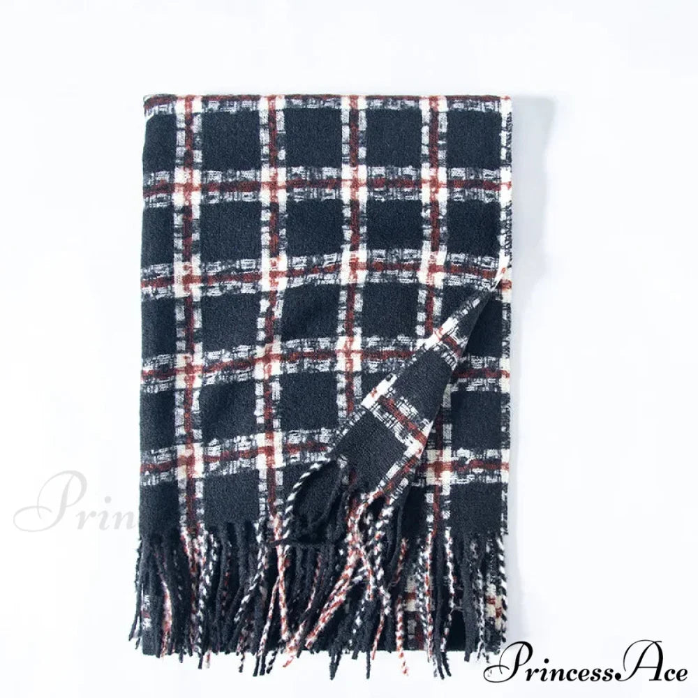 Red Plaid Cashmere Korean Style Fashion Warmer Hijab Pashmina Scarf for Women black 2