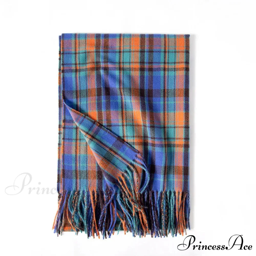 Red Plaid Cashmere Korean Style Fashion Warmer Hijab Pashmina Scarf for Women blue 1