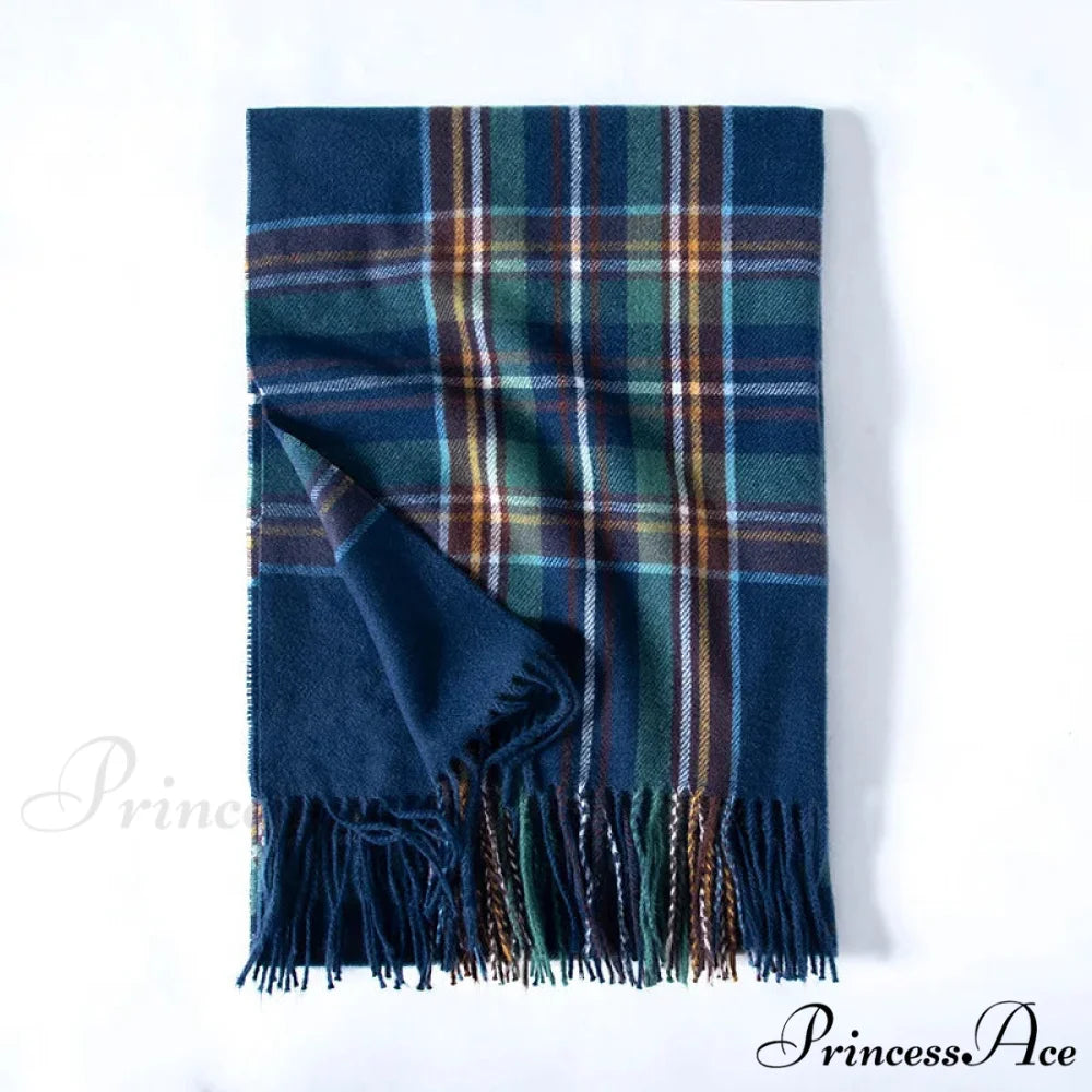 Red Plaid Cashmere Korean Style Fashion Warmer Hijab Pashmina Scarf for Women blue 2