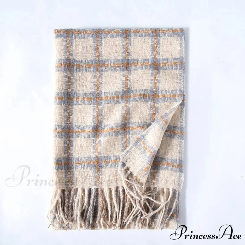 Red Plaid Cashmere Korean Style Fashion Warmer Hijab Pashmina Scarf for Women cream-colored