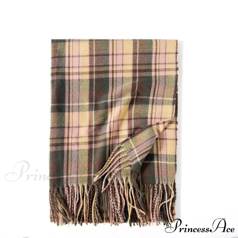 Red Plaid Cashmere Korean Style Fashion Warmer Hijab Pashmina Scarf for Women dark green