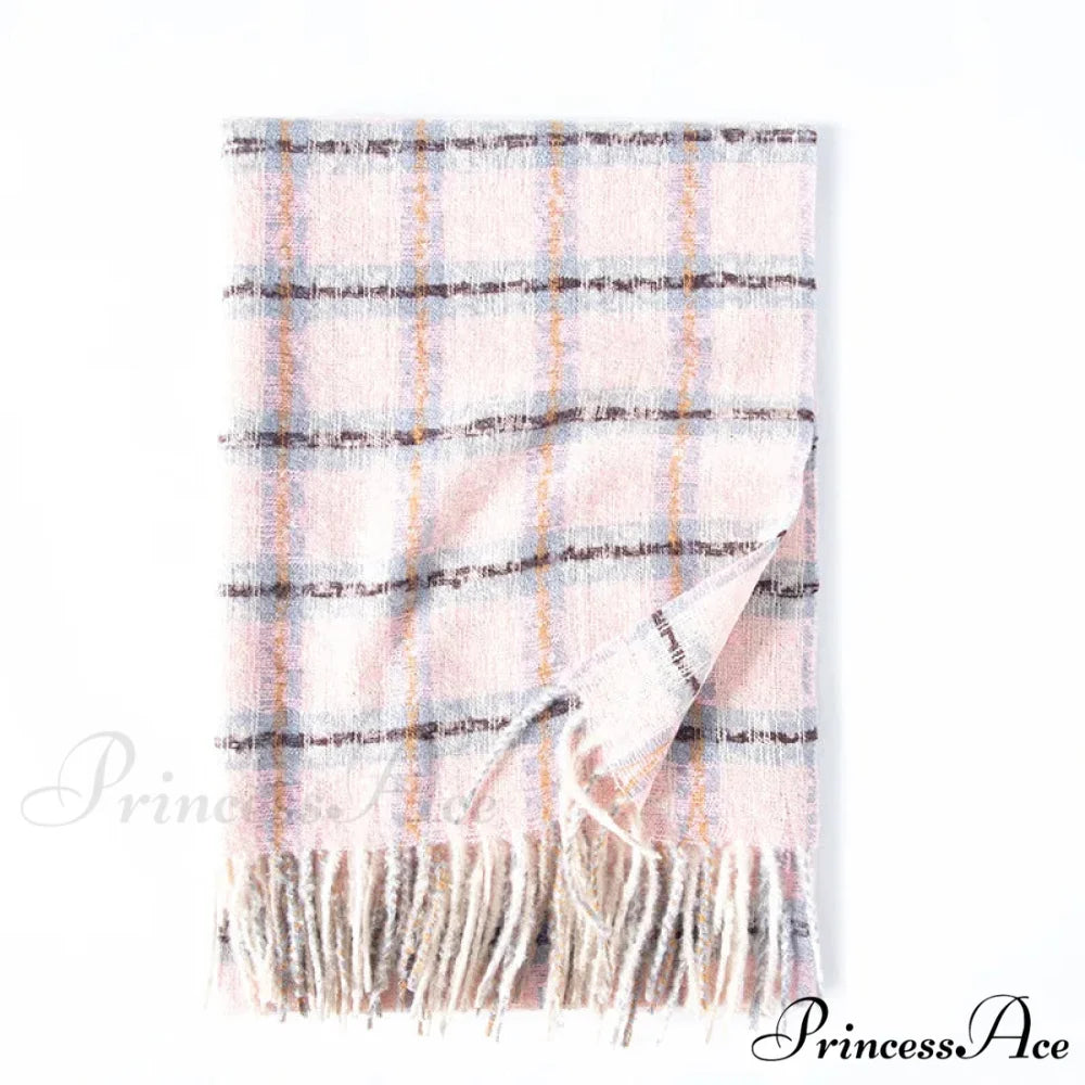 Red Plaid Cashmere Korean Style Fashion Warmer Hijab Pashmina Scarf for Women pink 2
