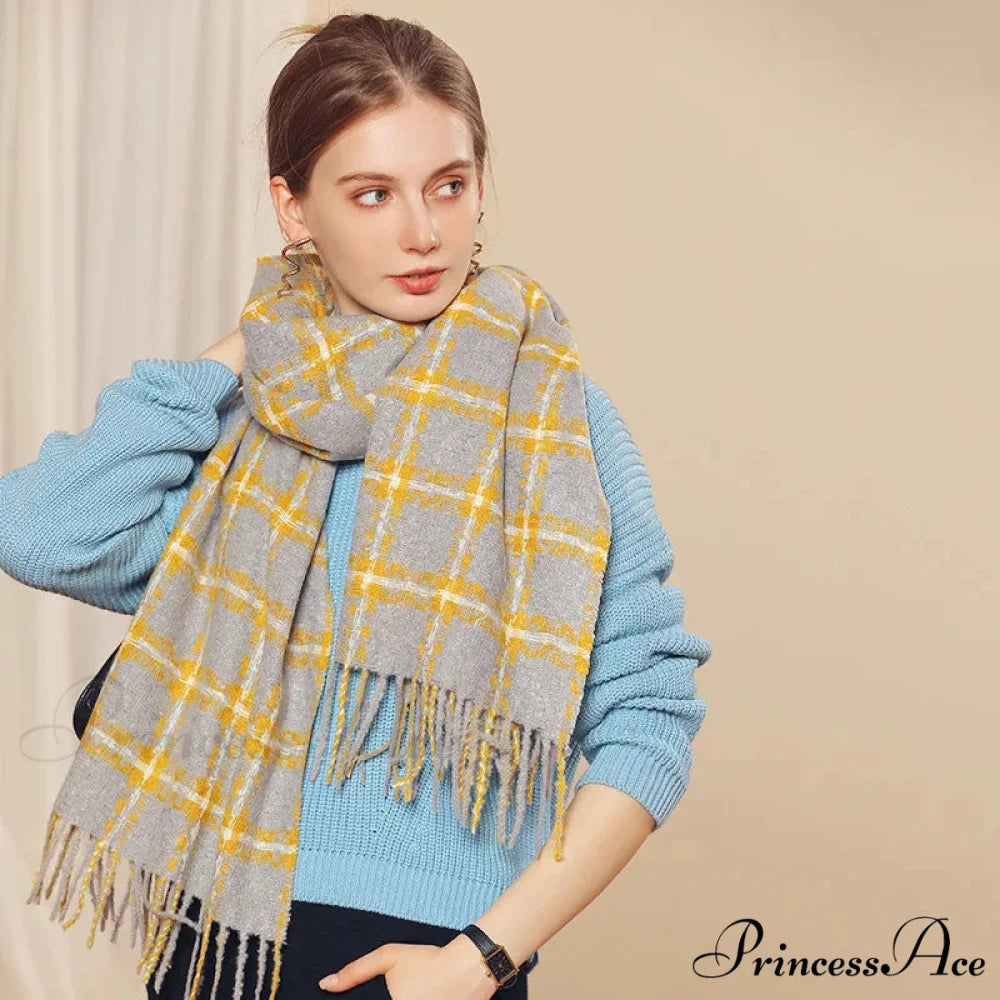 Red Plaid Cashmere Korean Style Fashion Warmer Hijab Pashmina Scarf for Women yellow 1